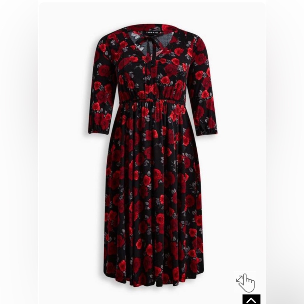 Rose Black Flora MIDI Challis Tie Neck Dress